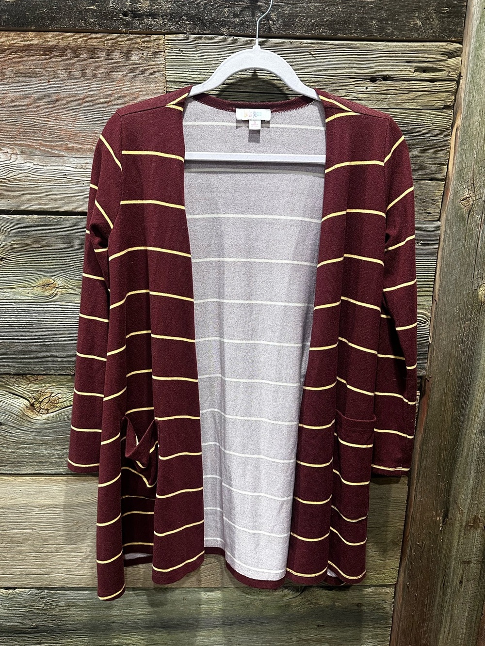 LuLaRoe Caroline Maroon Gold Striped Open Front Cardigan Sweater Small GUC